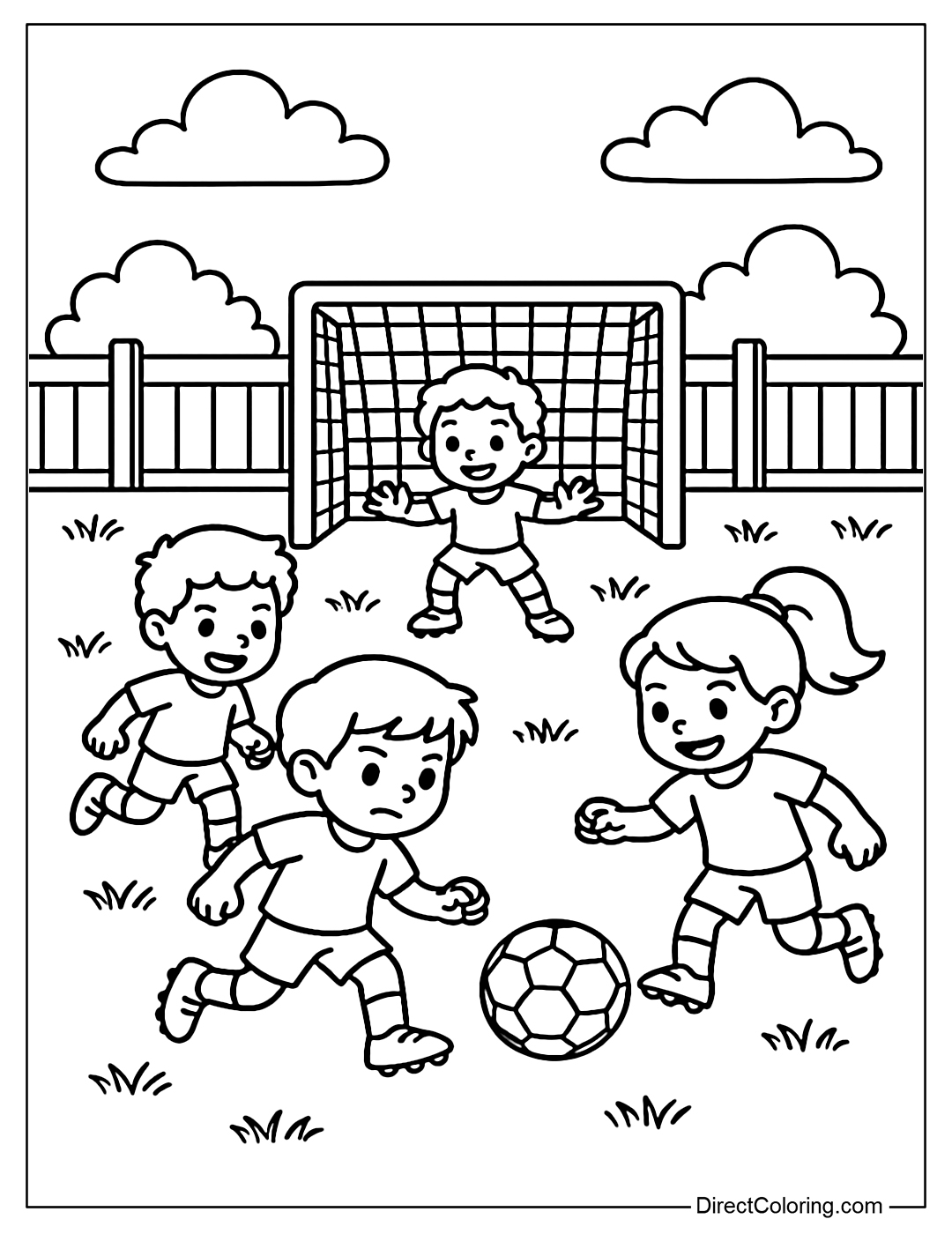 Coloring page of two small teams playing on the grass field next to the fence.